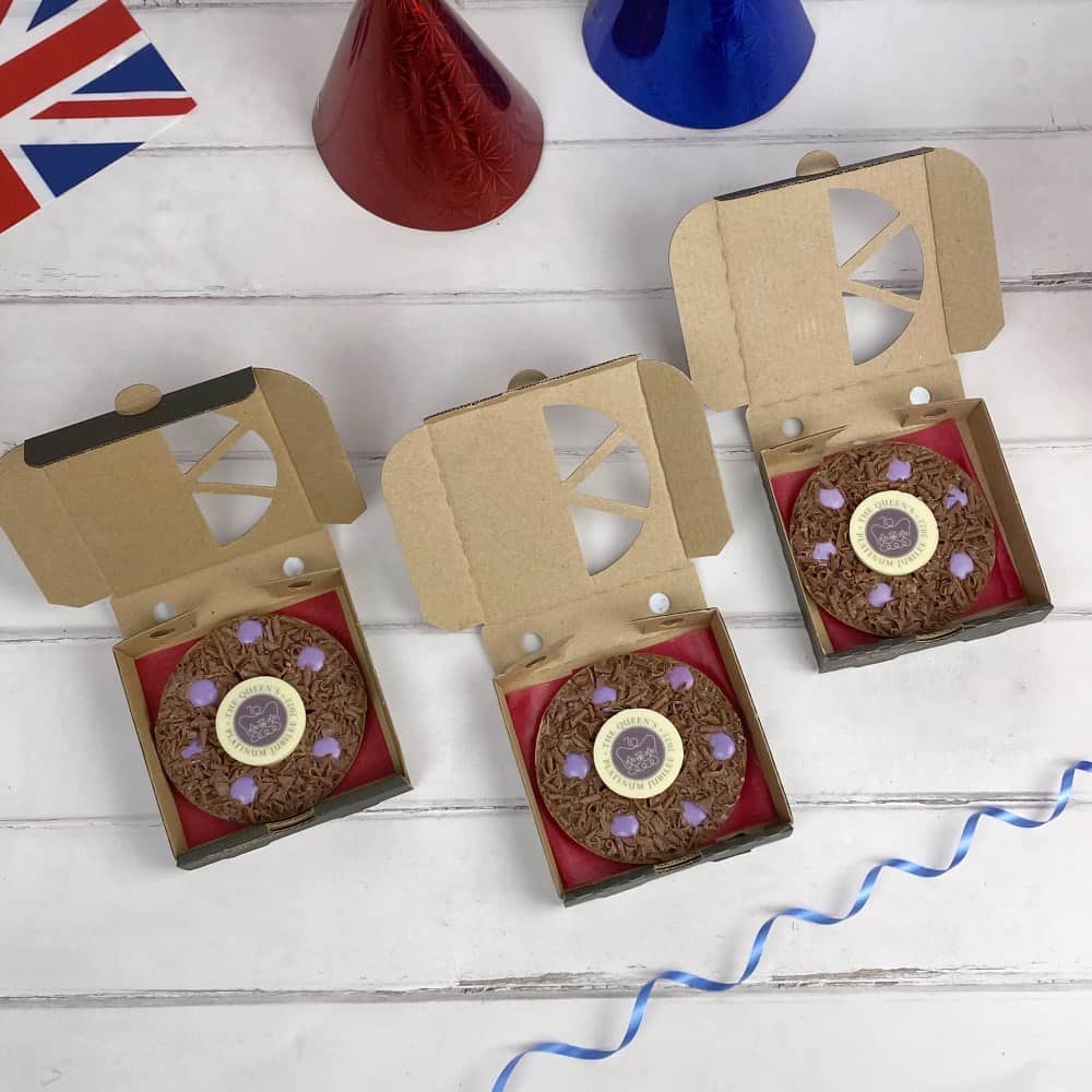 Celebrate the Platinum Jubilee in style with our 4" Mini Jubilee Chocolate Pizzas